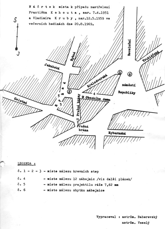 Náčrtek místa, kde byli zastřeleni F. Kohout a V. Kruba, pořízeno během rekonstrukce v srpnu 1969 (Zdroj ABS)