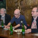Prezentace knihy mezi Marxem a Palackým, Café NONA, 27. února 2019, zleva: Jiří Rak, Maciej Górny, Michal Hrubý z Nakladatelství Volvox Globator
